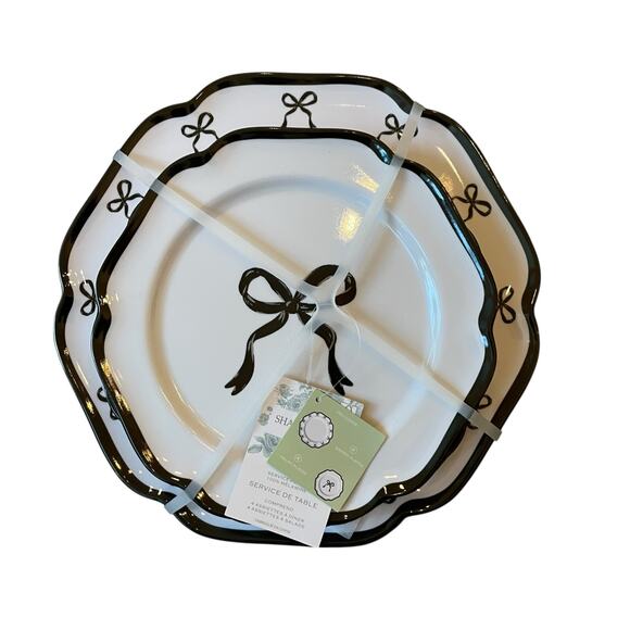 Shabby Chic Black Bow Melamine Salad Plates 8.5in Set of 4 White New - Picture 9 of 10
